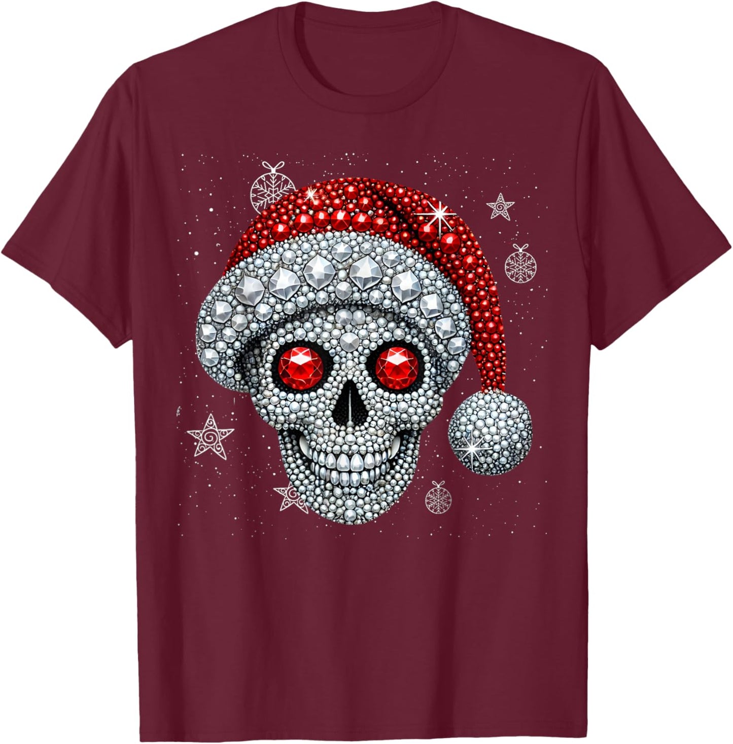 Sugar Skull with Santa Hat Christmas Pajama Xmas T-Shirt - T-Shirt | Maroon