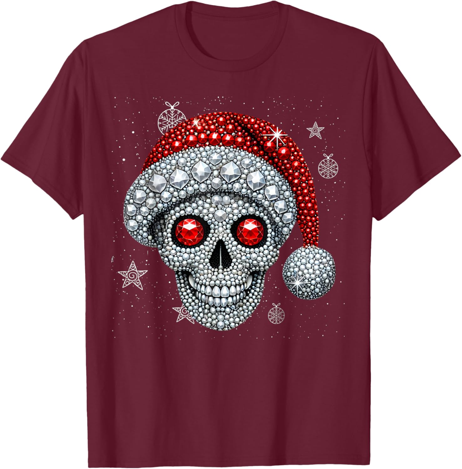 Sugar Skull with Santa Hat Christmas Pajama Xmas T-Shirt - T-Shirt | Maroon