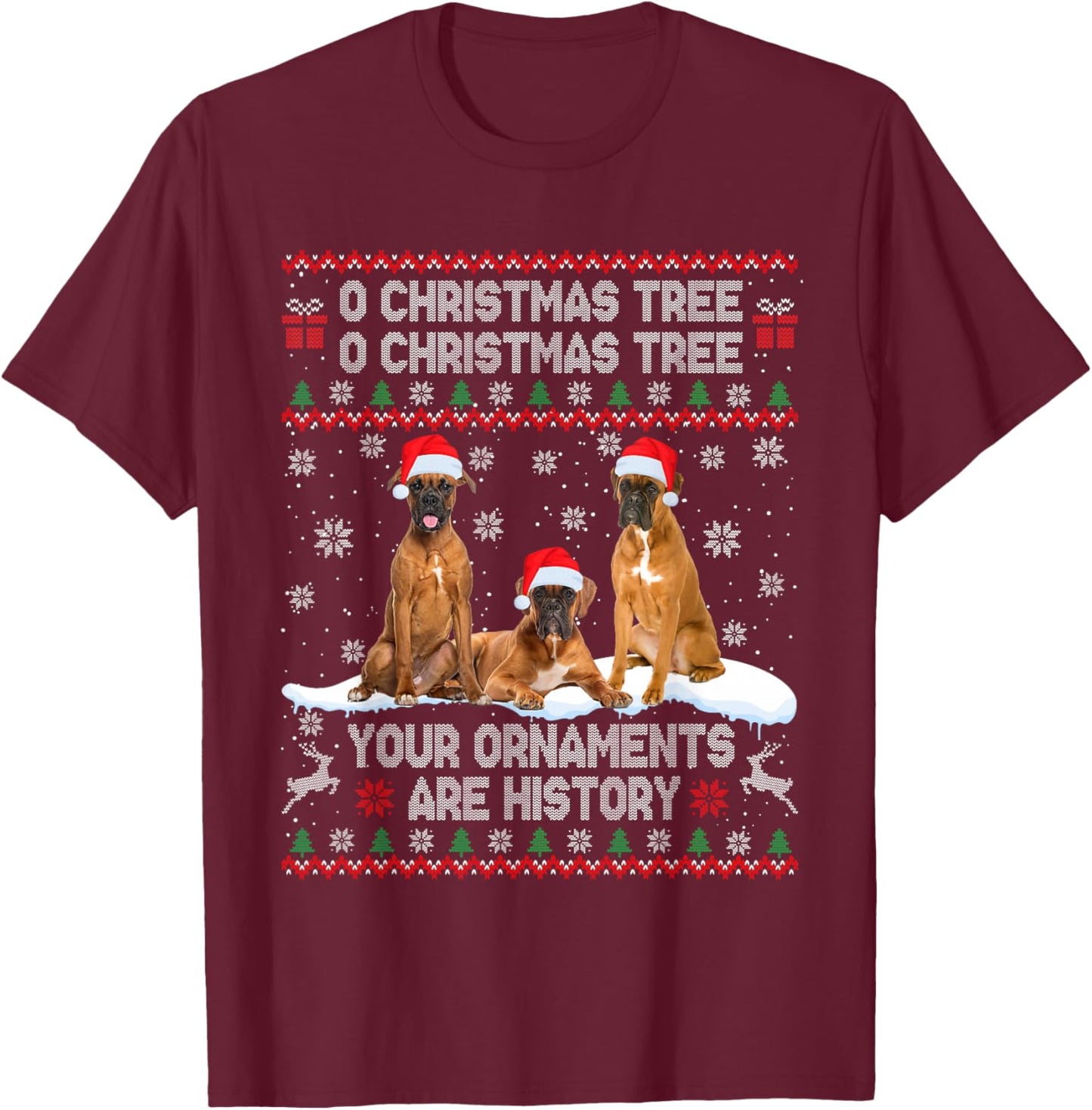 Boxer Dog Ugly Sweater Christmas Light Xmas Pajama T-Shirt - T-Shirt | Maroon