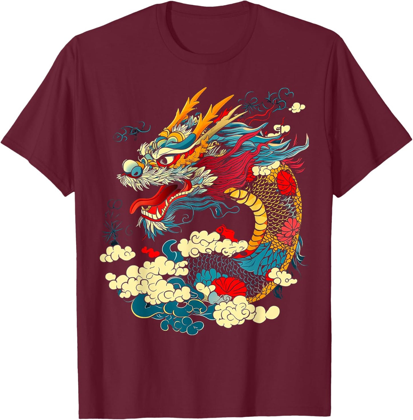 Asian Dragon Motif Mythical Art Asian Dragon T-Shirt - T-Shirt | Maroon