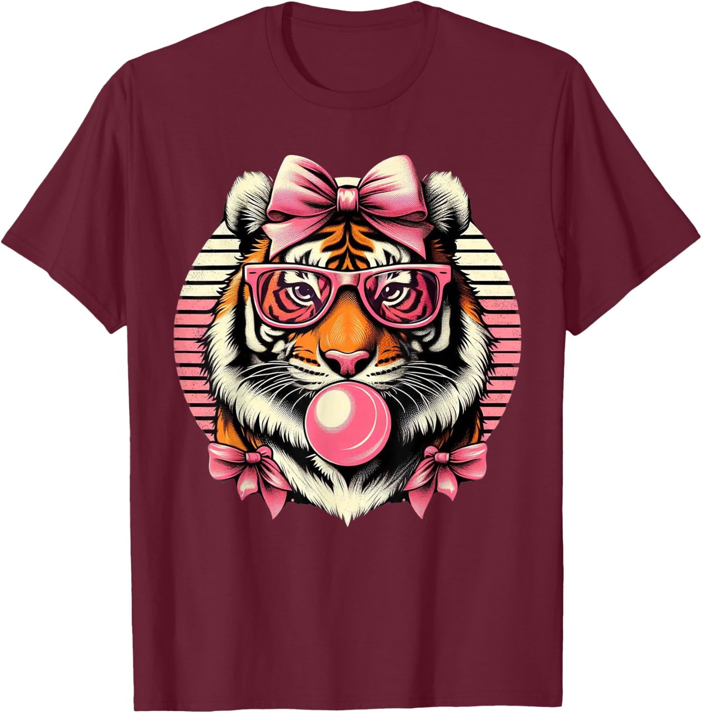 Retro Tiger Wearing Bow pink Glasses Blowing Pink Bubble Gum T-Shirt - T-Shirt | Maroon