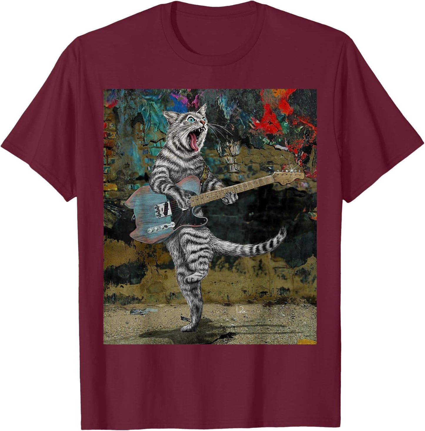 Cat Guitar Buskers Electric Guitar Player Funny Cute Kitty T-Shirt - T-Shirt | Maroon