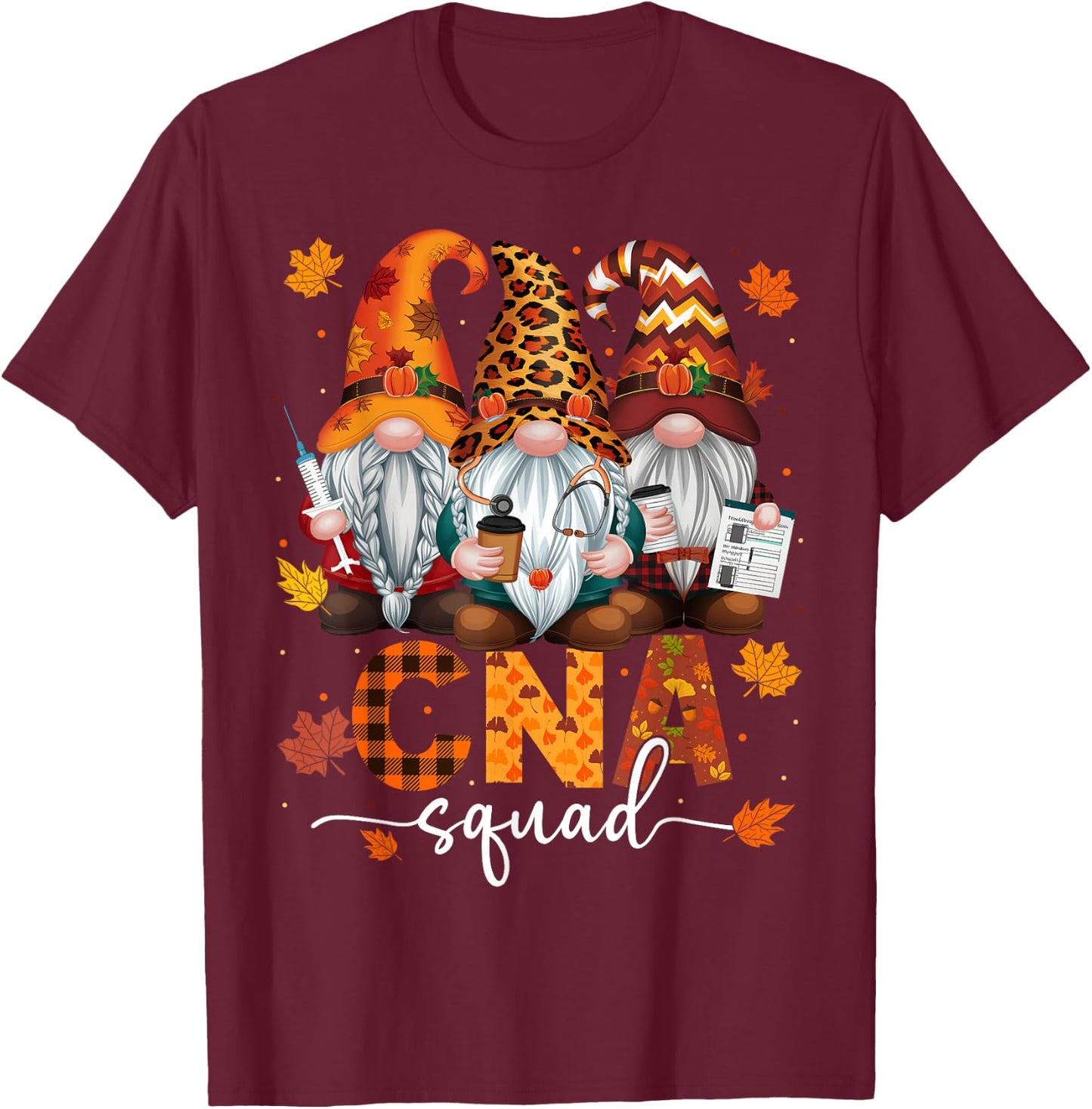 CNA Squad Gnome Nurse Leopard Thanksgiving Stethoscope T-Shirt - T-Shirt | Maroon