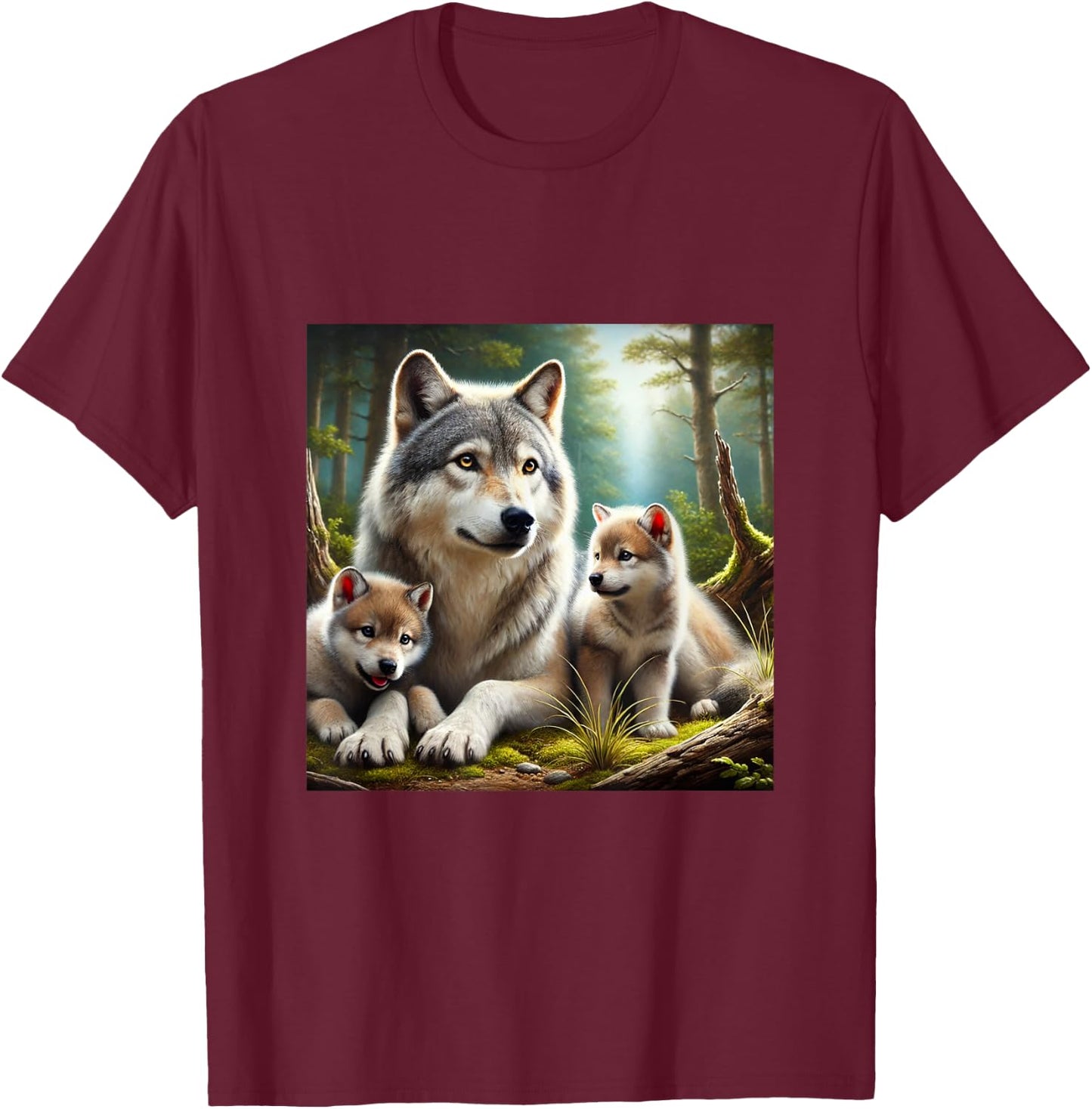 Wolf mother with two cubs realistic cute youthful T-Shirt - T-Shirt | Maroon
