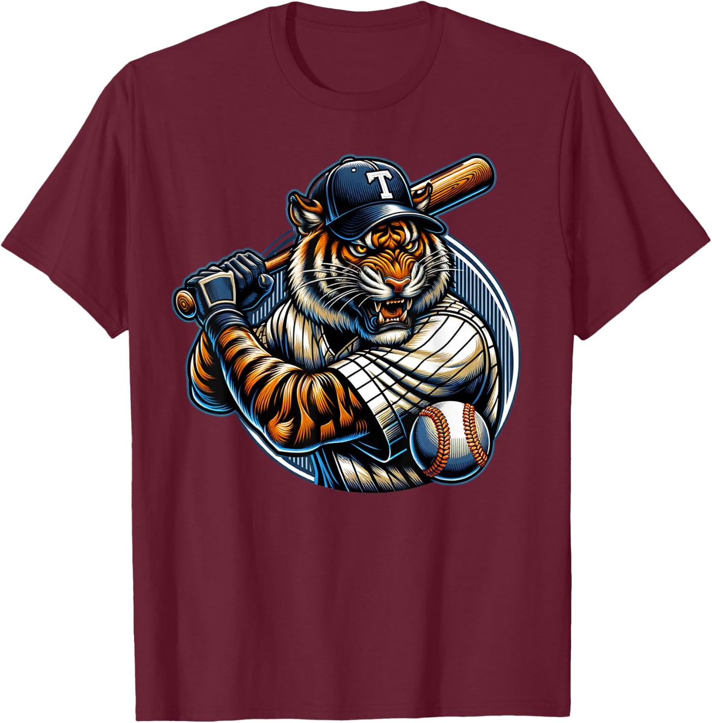 Funny Vintage Tiger Playing Baseball Cute Baseball Men Women T-Shirt - T-Shirt | Maroon