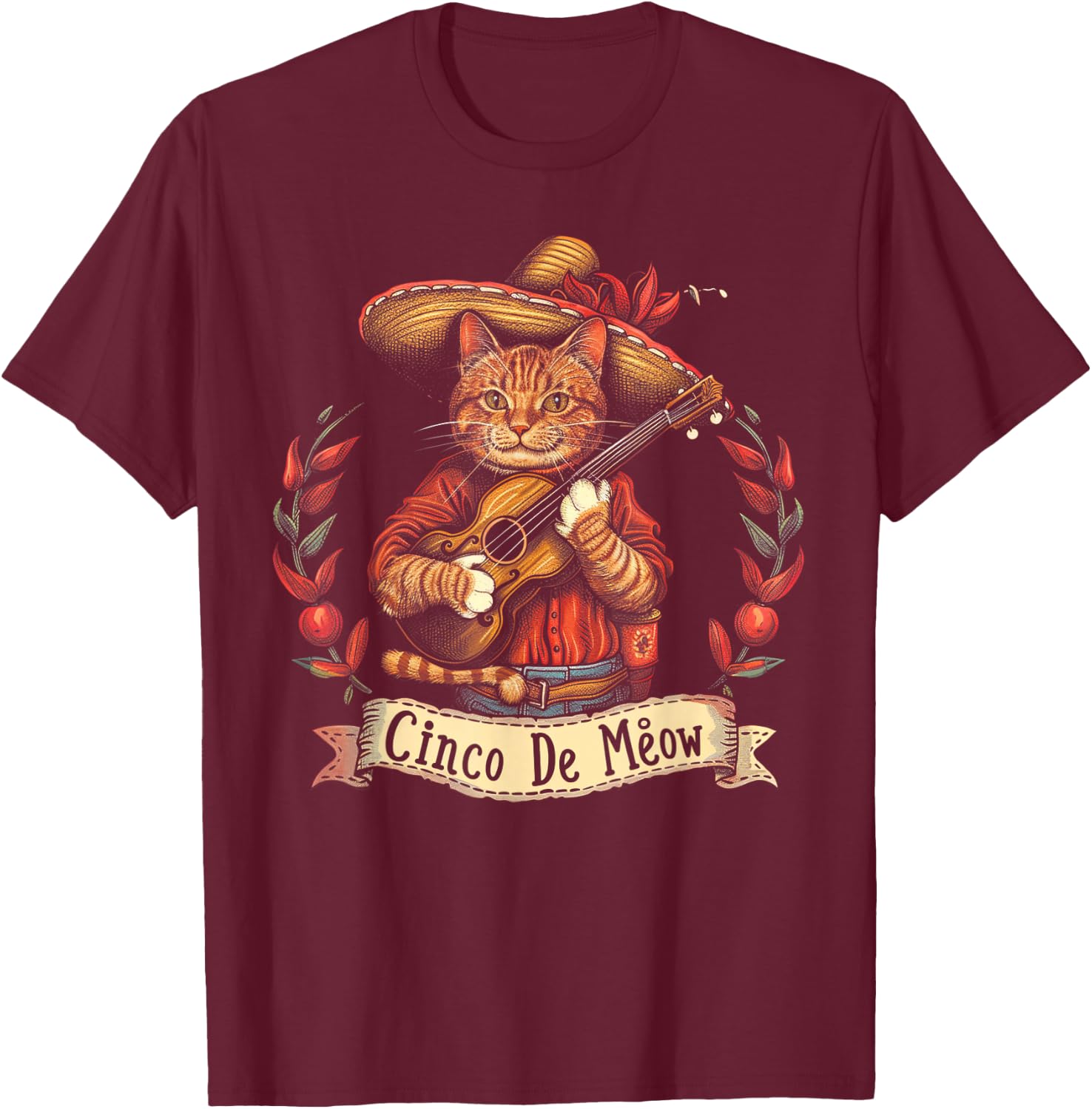 Cat - Cinco De Meow Mayo Mexican Fiesta T-Shirt - T-Shirt | Maroon