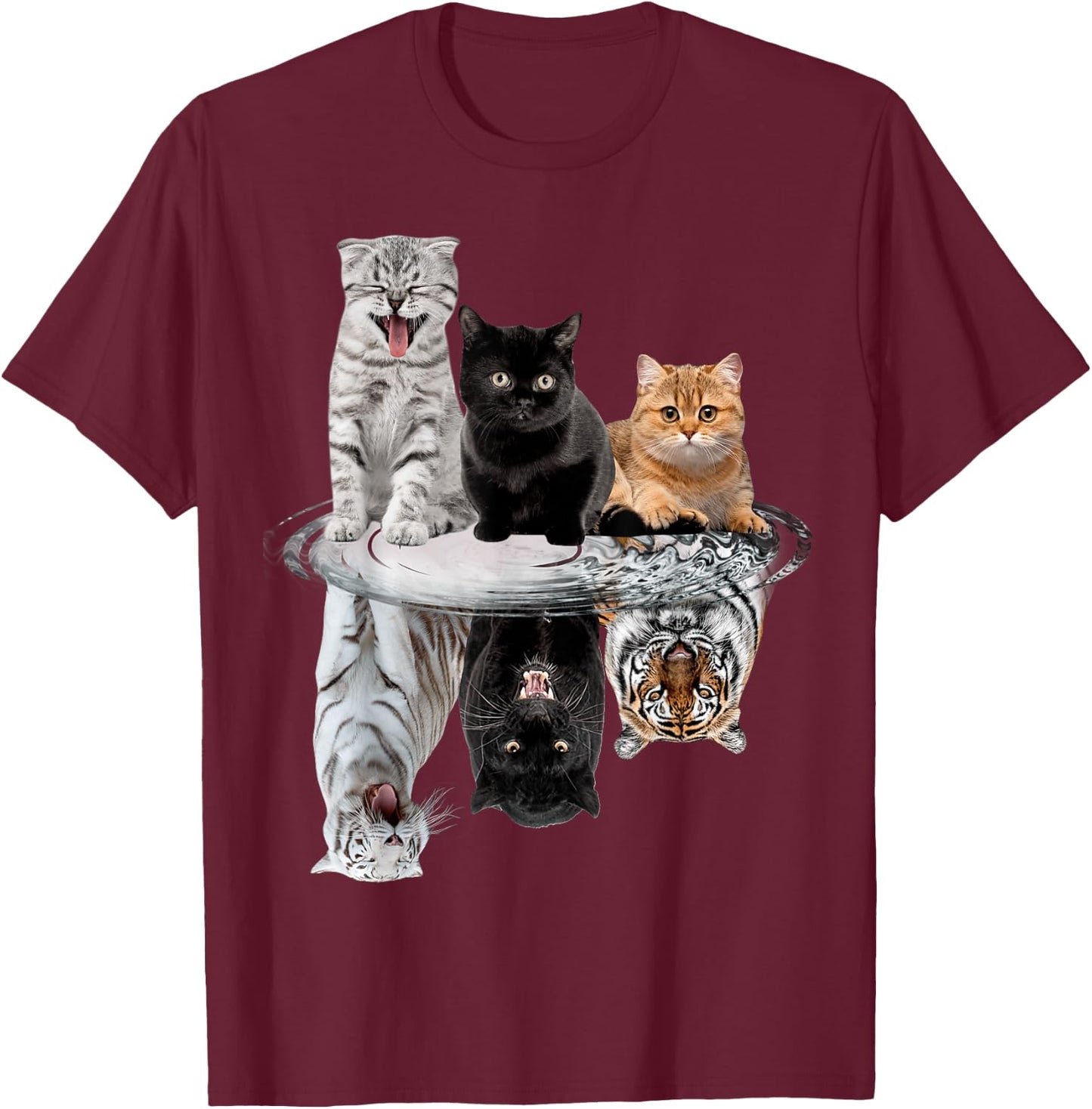 Three Cats Kittens Reflection Tiger Puma Leopard T-Shirt - T-Shirt | Maroon