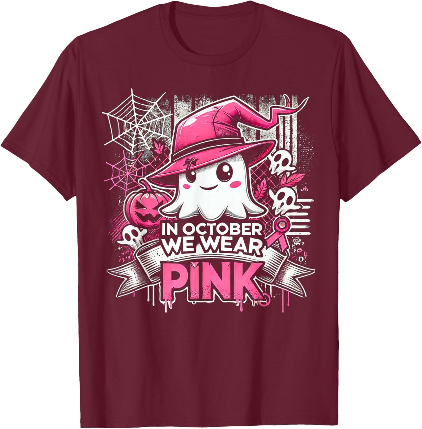 October We Wear Pink Ghost Witch Halloween T-Shirt - T-Shirt | Maroon