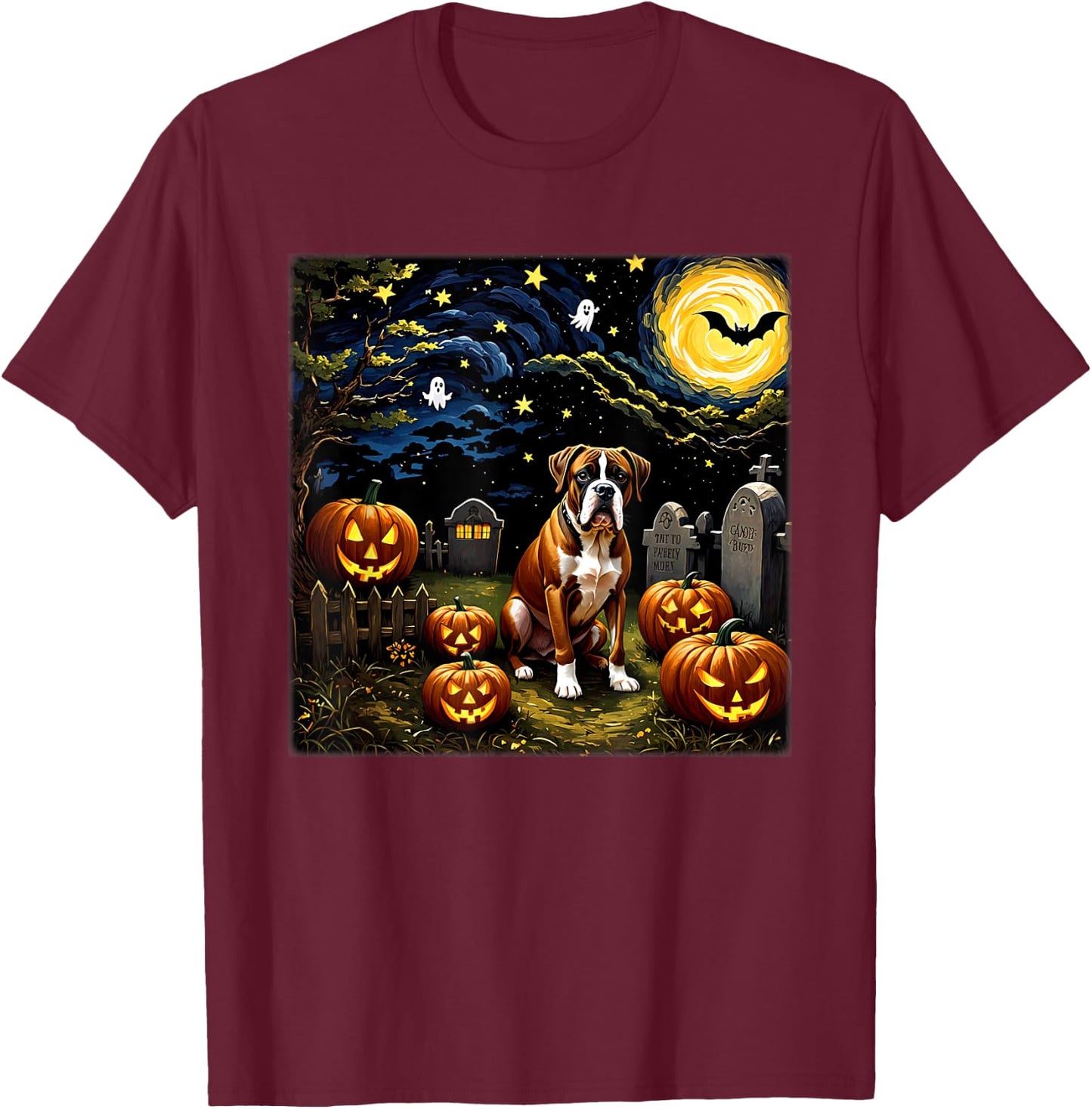 Spooky Halloween Boxer Dog Starry Night Women Kids T-Shirt - T-Shirt | Maroon