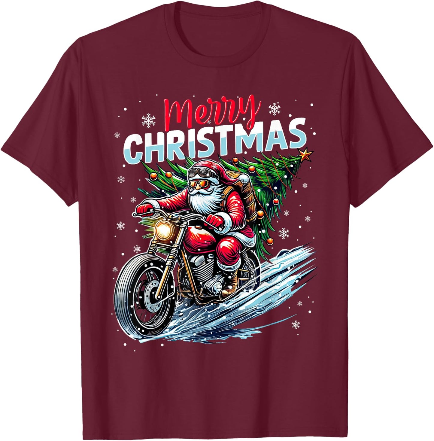 Merry Christmas Santa Riding Motorcycle Bike Biker Xmas 2025 T-Shirt - T-Shirt | Maroon