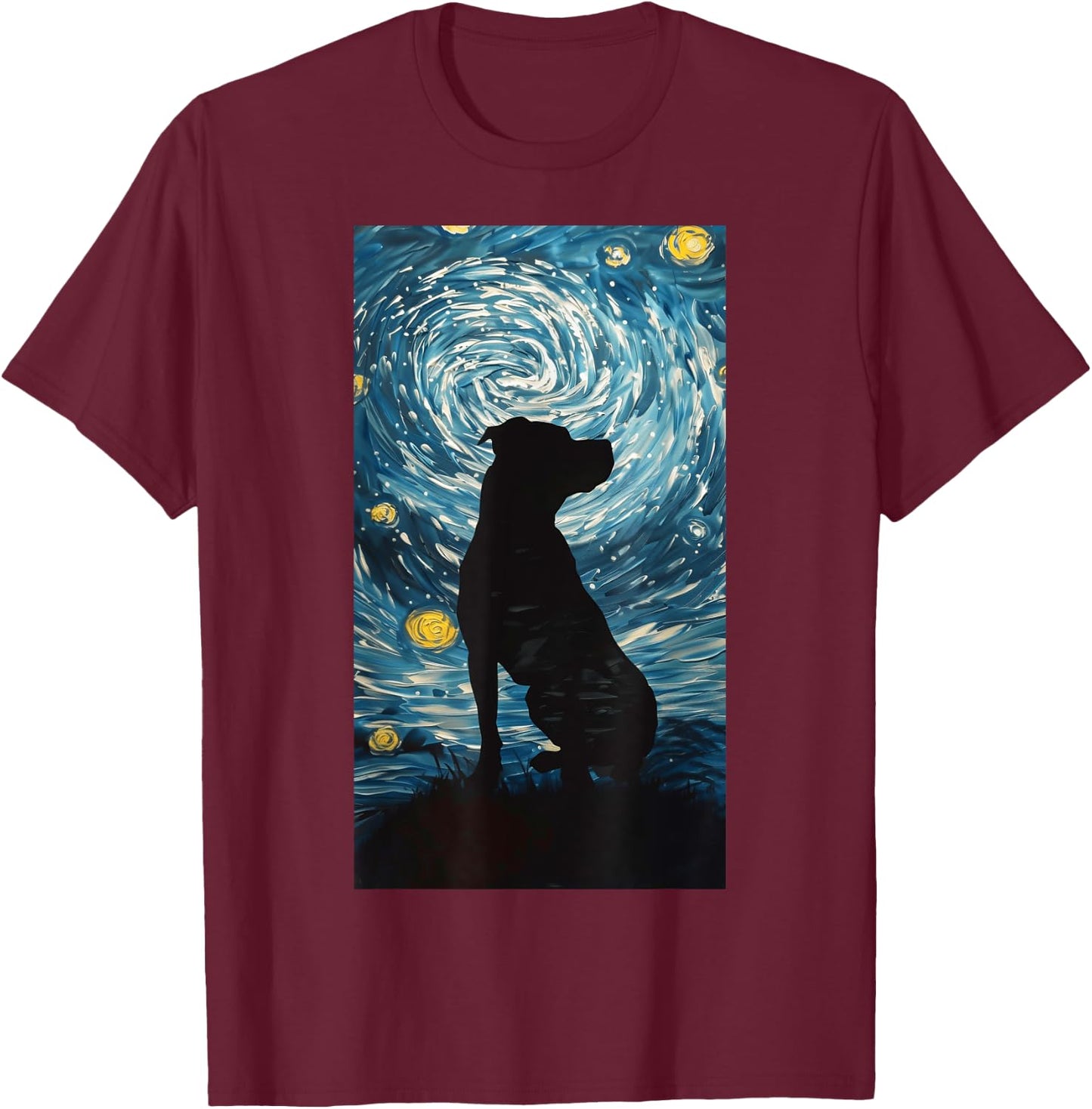 Silhouette Pitbull Against Dog Starry night T-Shirt - T-Shirt | Maroon