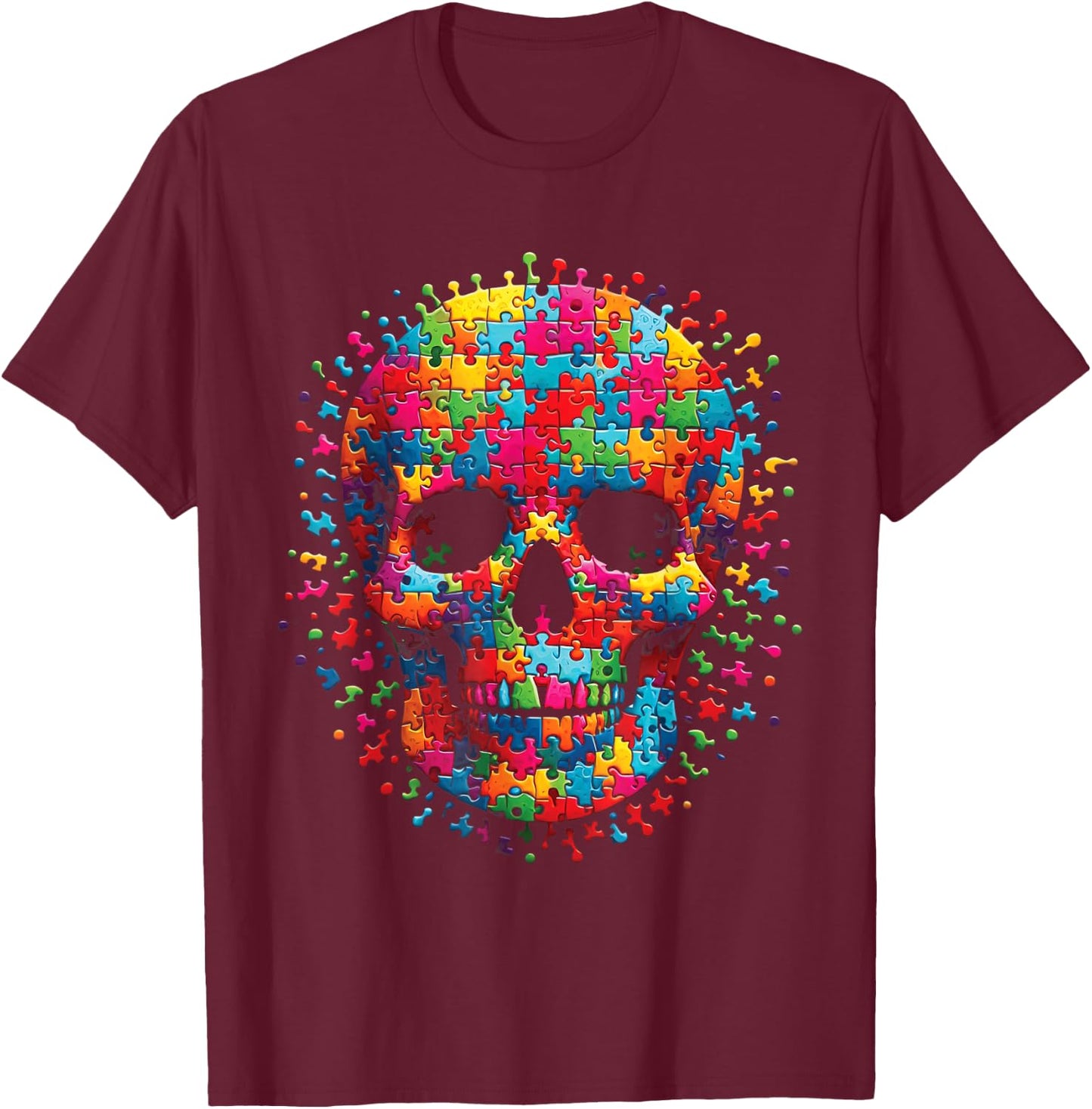 Skull Autism Awareness Autistic Supporter Men Women Boy Kids T-Shirt - T-Shirt | Maroon