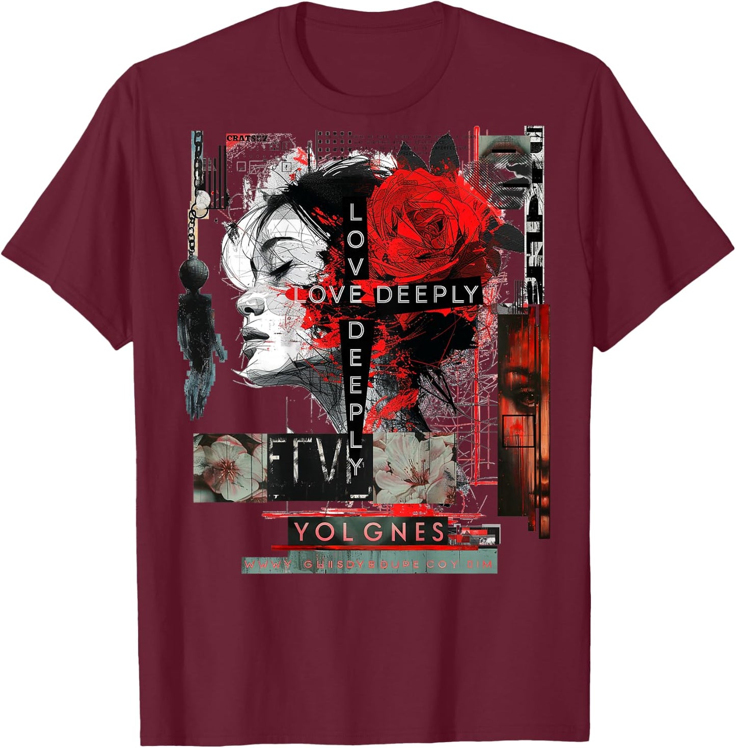 Rose | Backprint | Art Women Graphic Artwork Rose T-Shirt - T-Shirt | Maroon