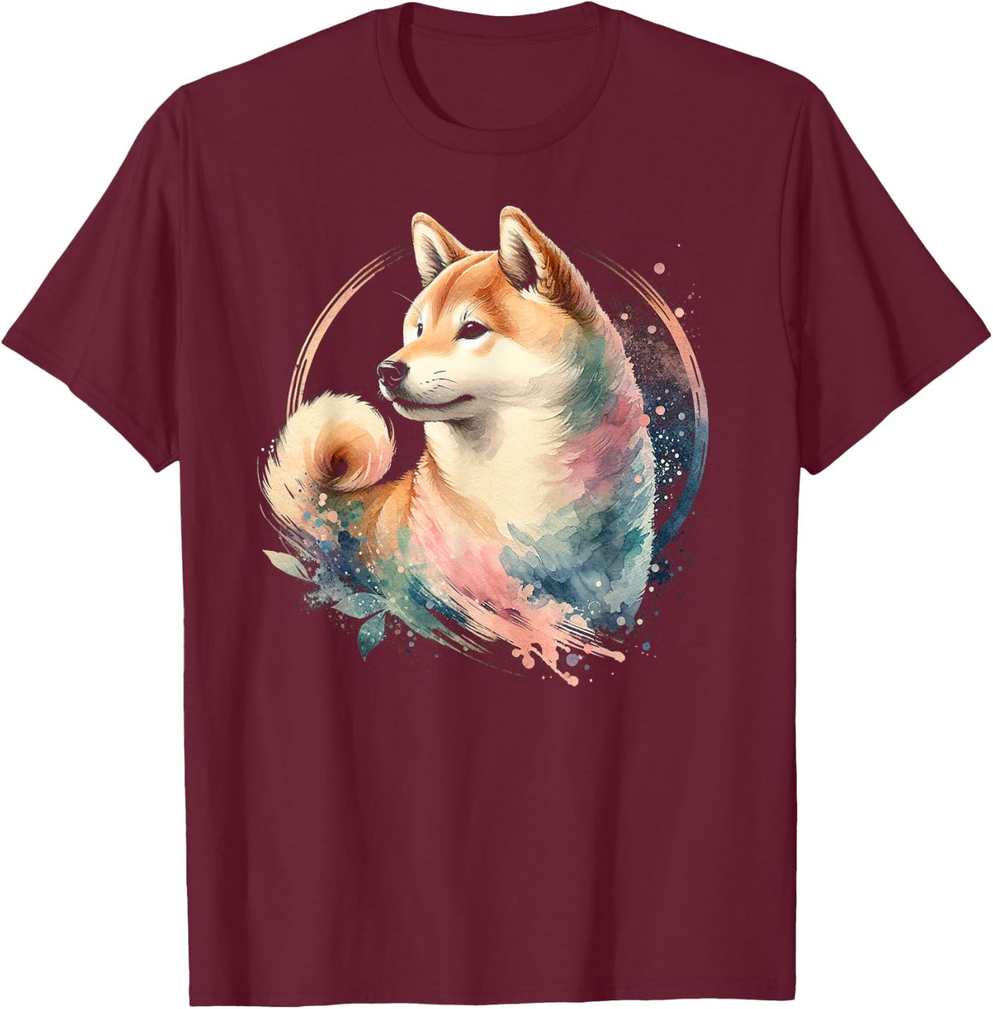 Graceful Shiba Inu in Watercolor T-Shirt - T-Shirt | Maroon