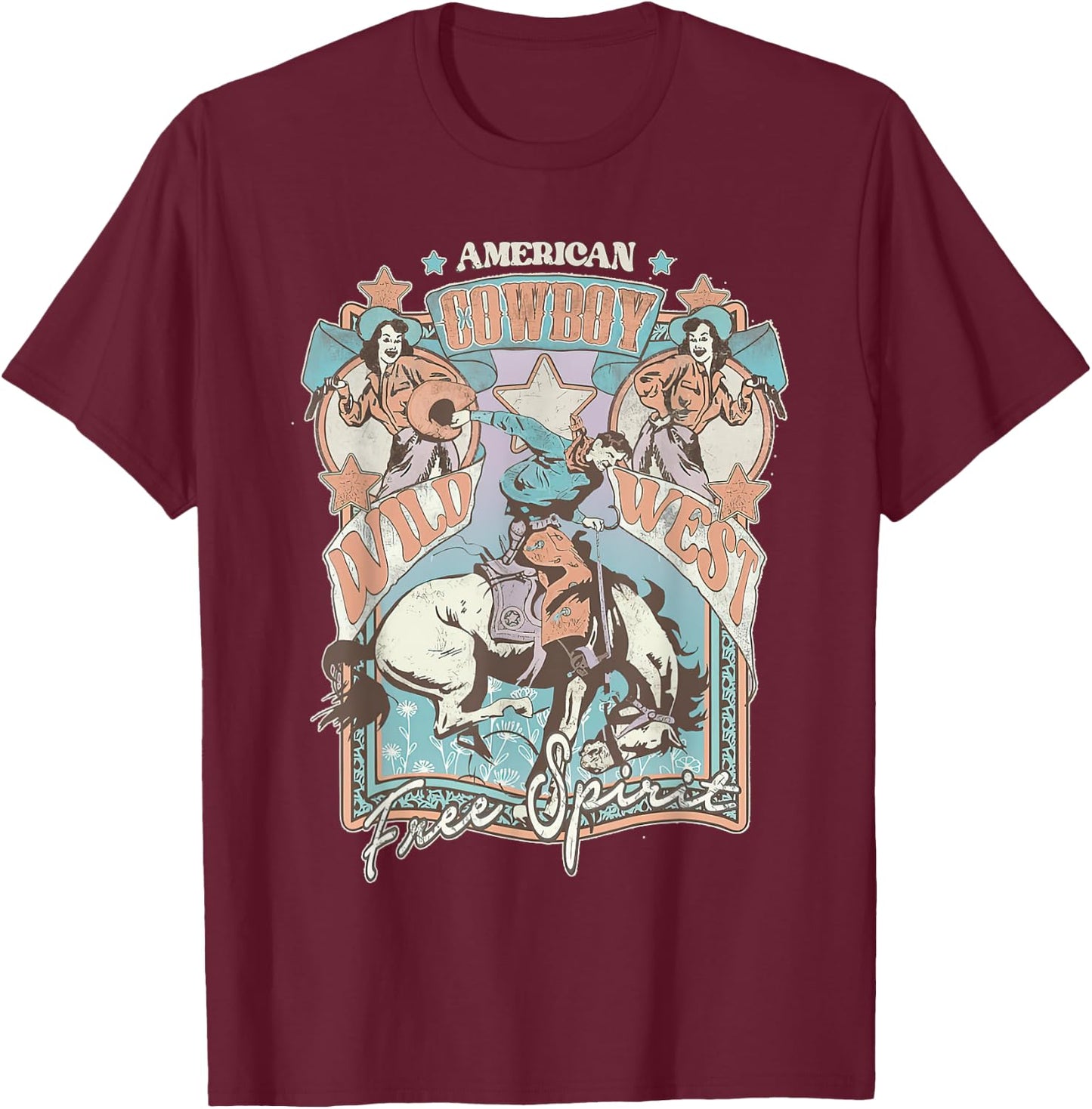 Western American Rodeo Cowboy Wild West Free Spirit T-Shirt - T-Shirt | Maroon
