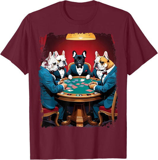 Pop Art Gambling French Bulldog Playing Poker Cards T-Shirt - T-Shirt | Maroon