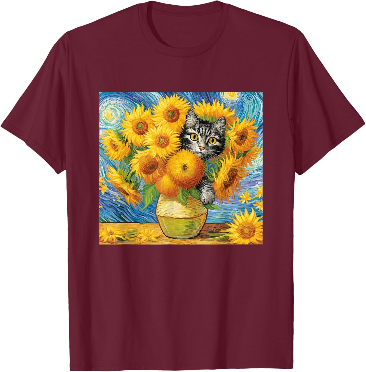 Van Gogh Sunflowers Kitten T-Shirt - T-Shirt | Maroon