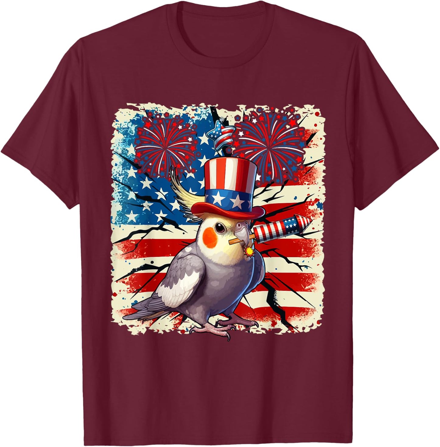 4th Of July US Flag Fireworks Cockatiel Costume Bird Lover T-Shirt - T-Shirt | Maroon