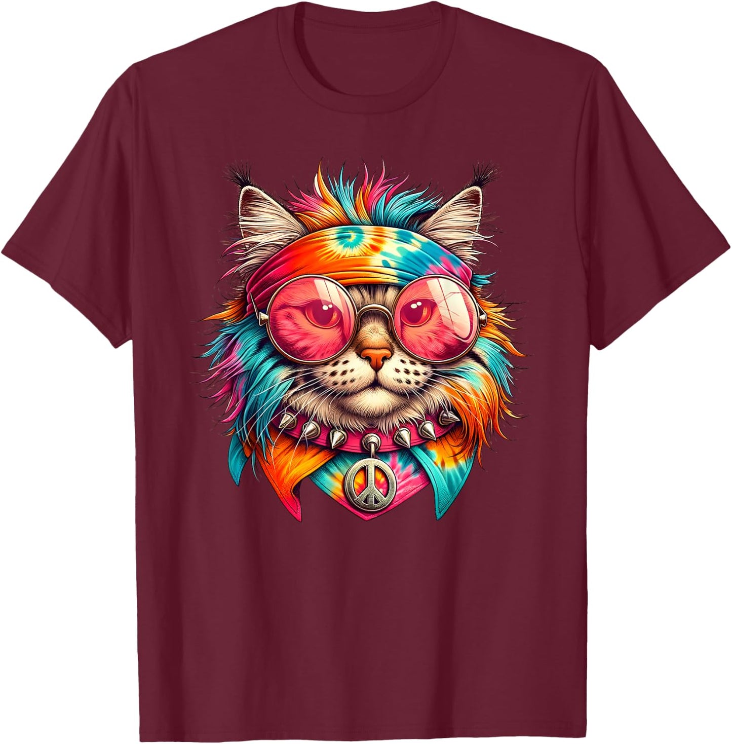 Psychedelic Peace Cat Colorful Hippie Retro Groovy Vibes T-Shirt - T-Shirt | Maroon