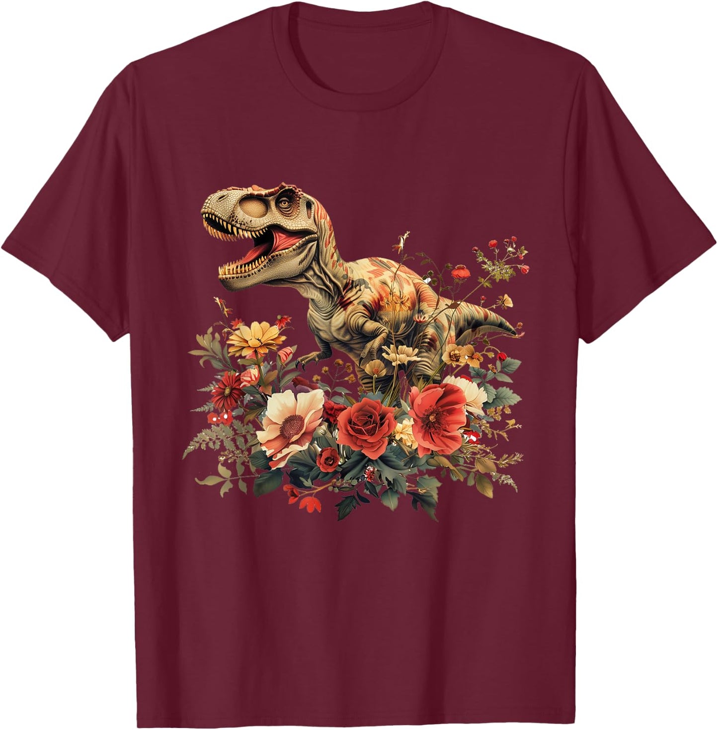 Trex Dinosaur Dino Floral Flower T-Shirt - T-Shirt | Maroon