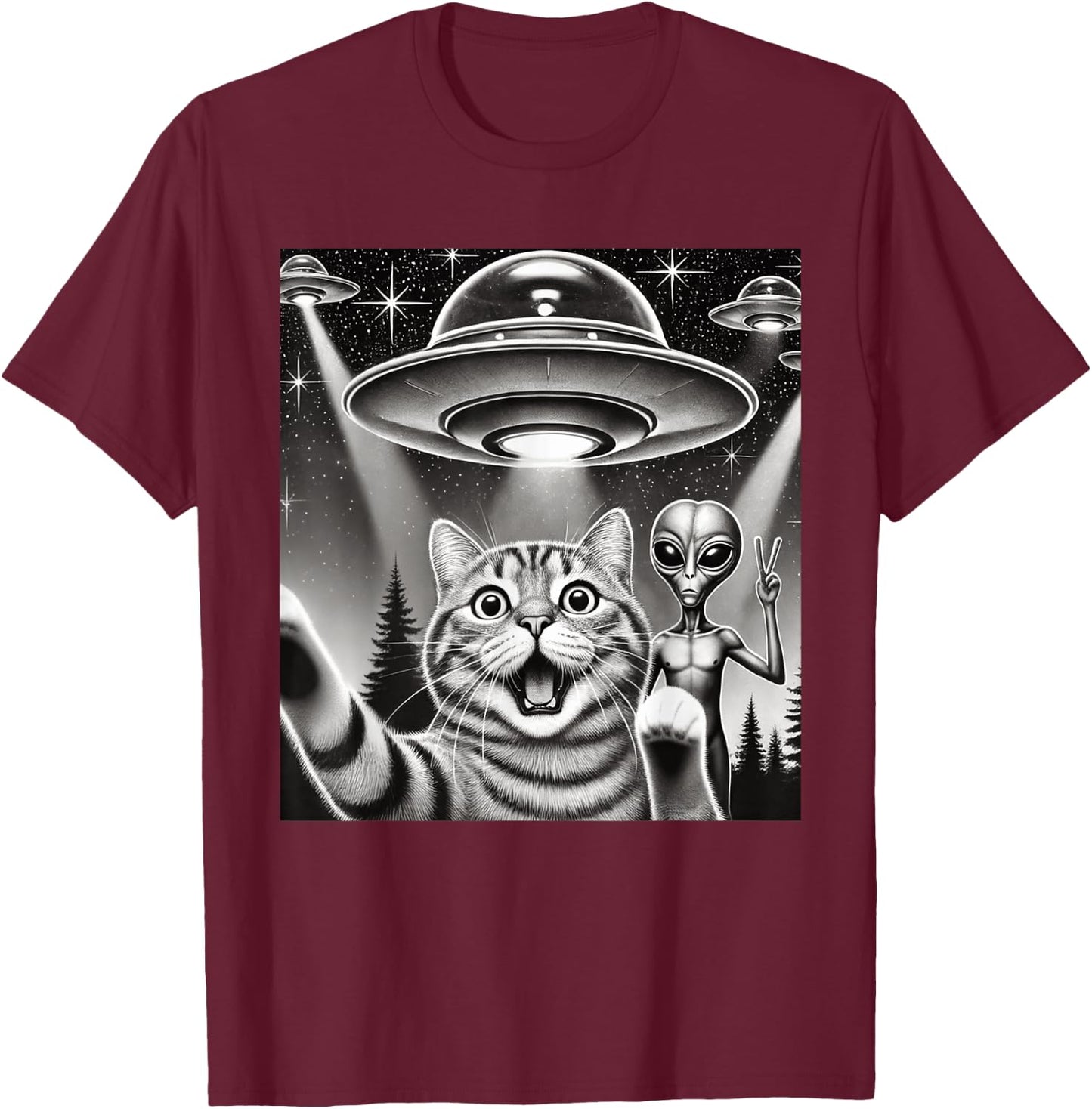 Funny Cat Selfie with UFO Alien Abduction Extraterrestrial T-Shirt - T-Shirt | Maroon