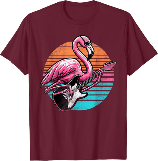 Vintage Style Flamingo Playing Guitar Rock And Roll Retro T-Shirt - T-Shirt | Maroon