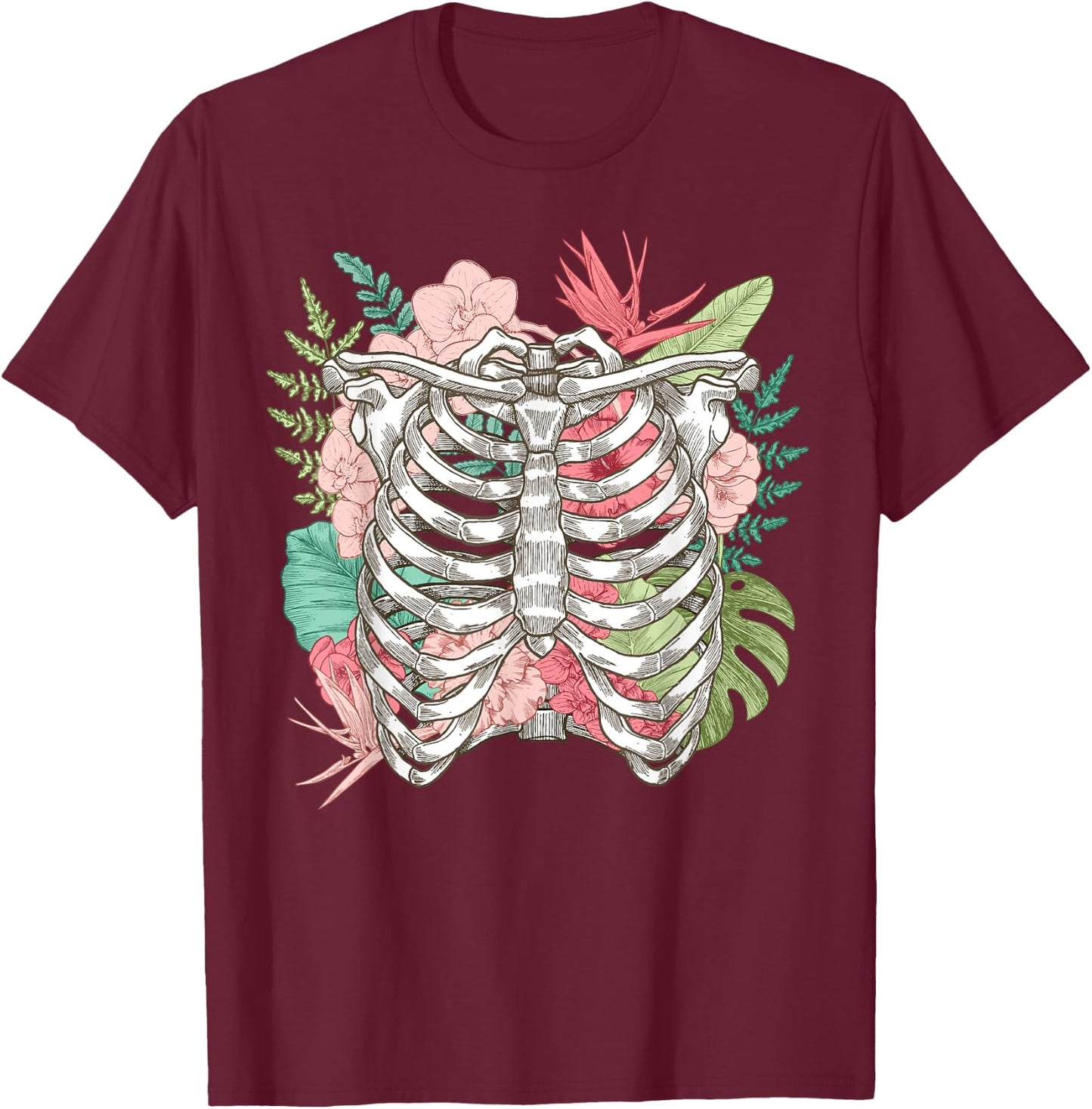 Skeleton Flowers Rib Cage X-Ray Funny Halloween T-Shirt - T-Shirt | Maroon