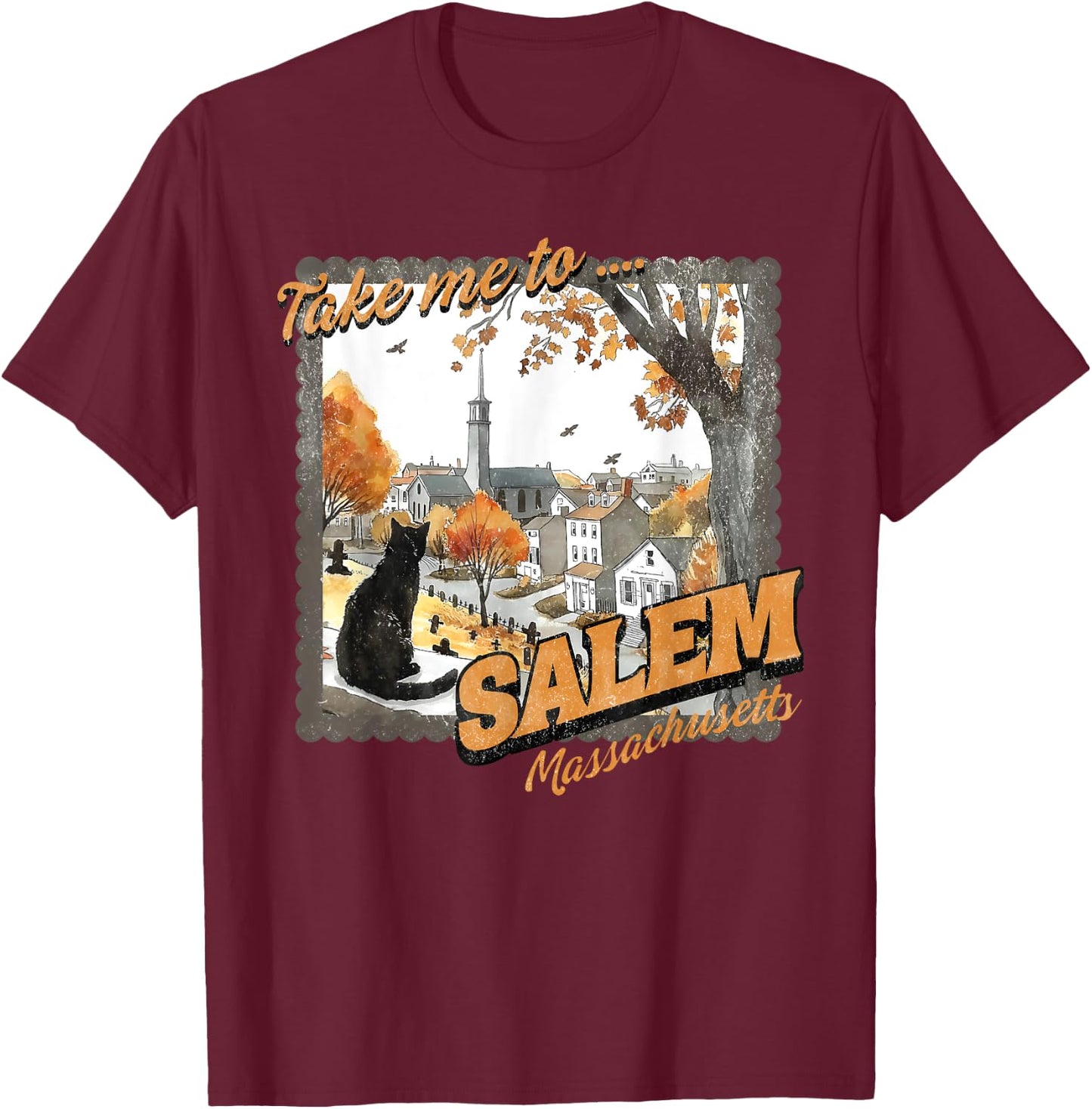 Take Me To Salem Massachusetts Black Cat Witch Halloween T-Shirt - T-Shirt | Maroon