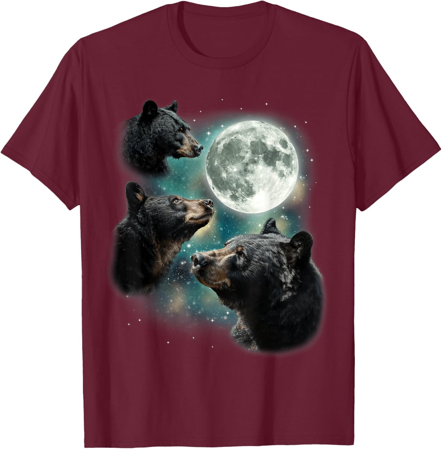 Three Black Bear Moon | 3 Wild Bears Gazing at The Moonlight T-Shirt - T-Shirt | Maroon