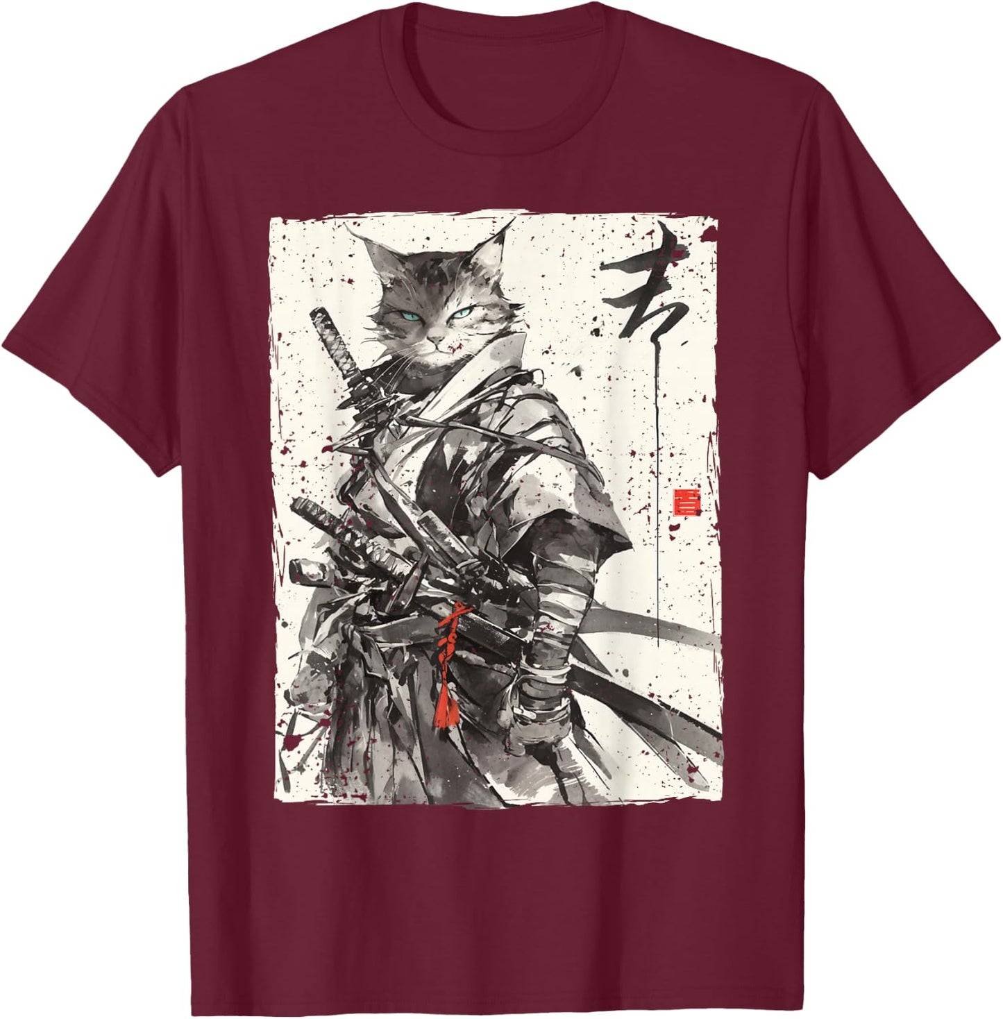 Samurai Cat Warrior Ukiyo Ink Artwork Cat Samurai T-Shirt - T-Shirt | Maroon
