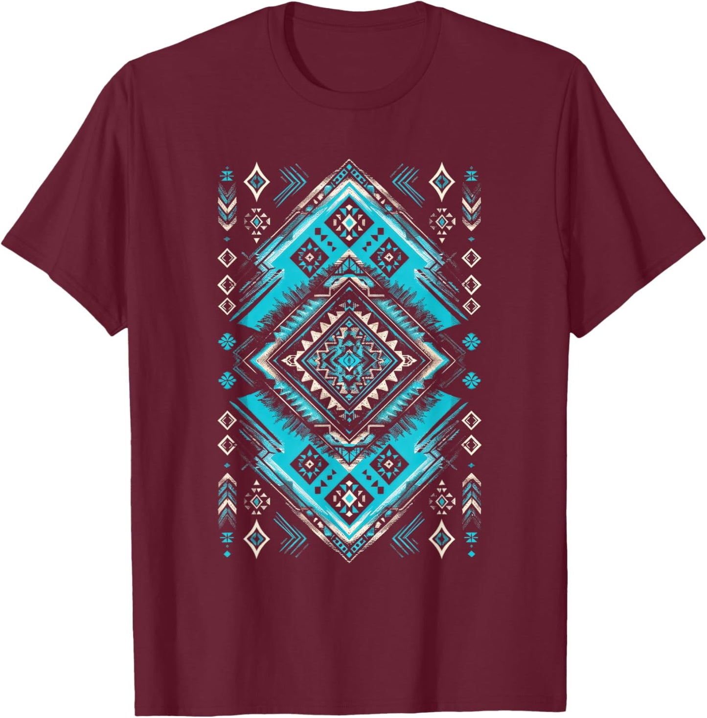 Turquoise Tribal Geometric Southwestern Aztec T-Shirt - T-Shirt | Maroon