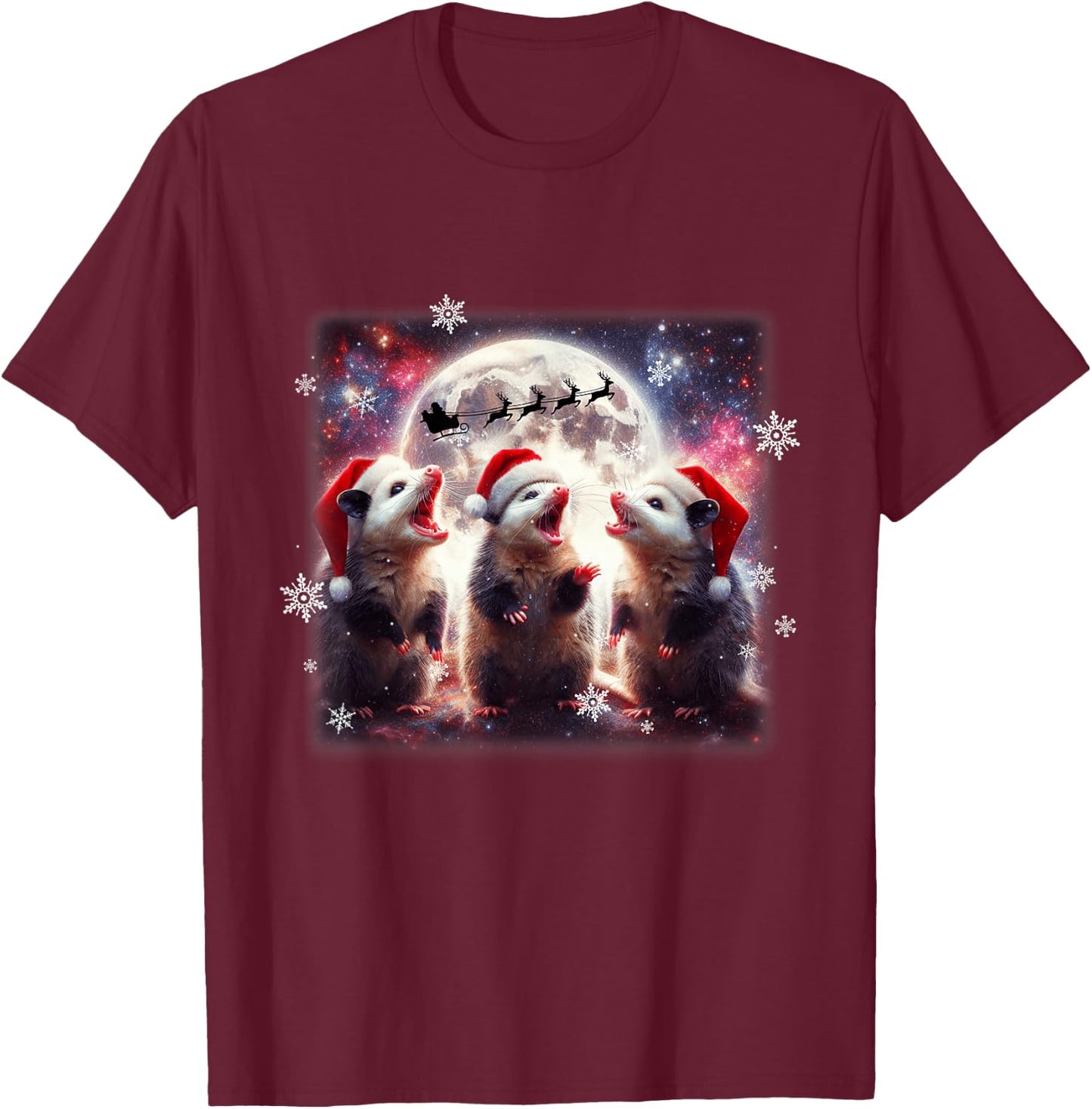 Howling Opossums Under the Moon Funny Weird Meme Christmas T-Shirt - T-Shirt | Maroon