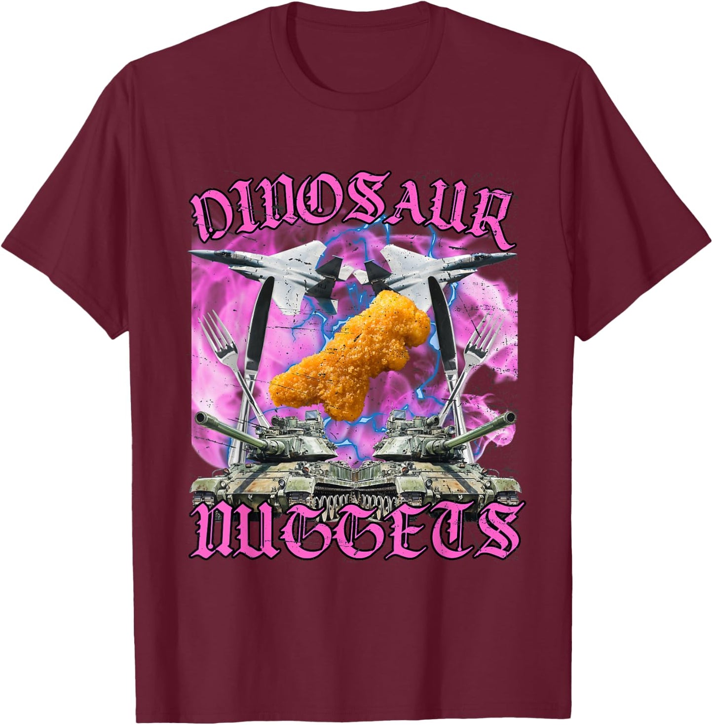 Funny Dinosaur Chicken Nugget Bootleg Hardcore Flames Meme T-Shirt - T-Shirt | Maroon