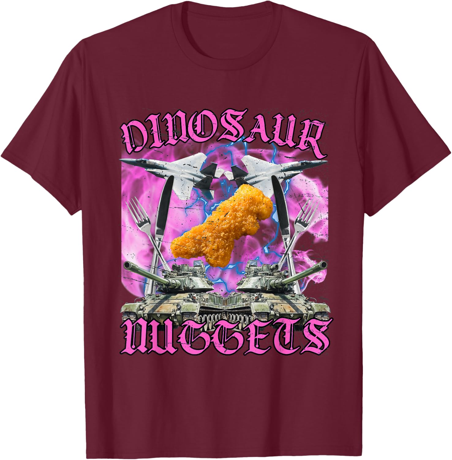 Funny Dinosaur Chicken Nugget Bootleg Hardcore Flames Meme T-Shirt - T-Shirt | Maroon