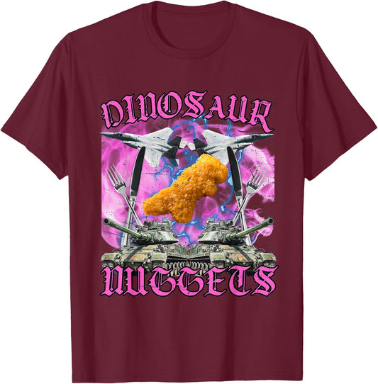 Funny Dinosaur Chicken Nugget Bootleg Hardcore Flames Meme T-Shirt - T-Shirt | Maroon