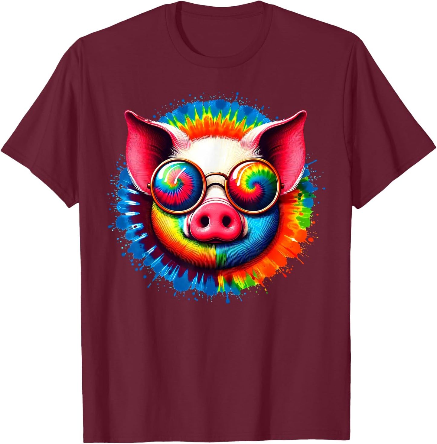 Cool Tie Dye Sunglasses Pig Graphic Illustration Art T-Shirt - T-Shirt | Maroon