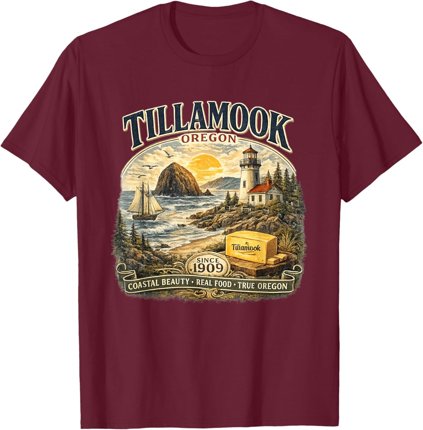Tillamooks Coastal Beauty Retro Oregon Coast Pacific NW T-Shirt - T-Shirt | Maroon