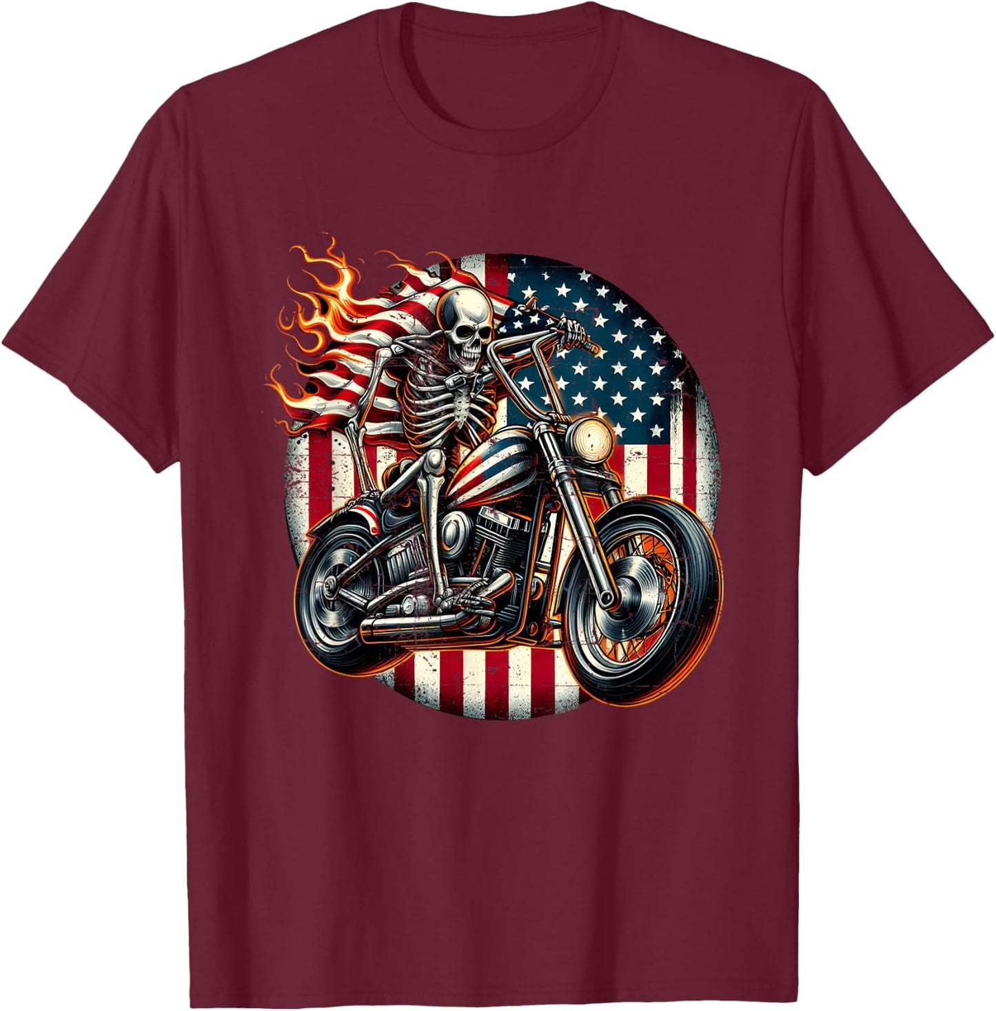 USA Flag Motorcycle Skeleton Biker 4th July American Patriot T-Shirt - T-Shirt | Maroon