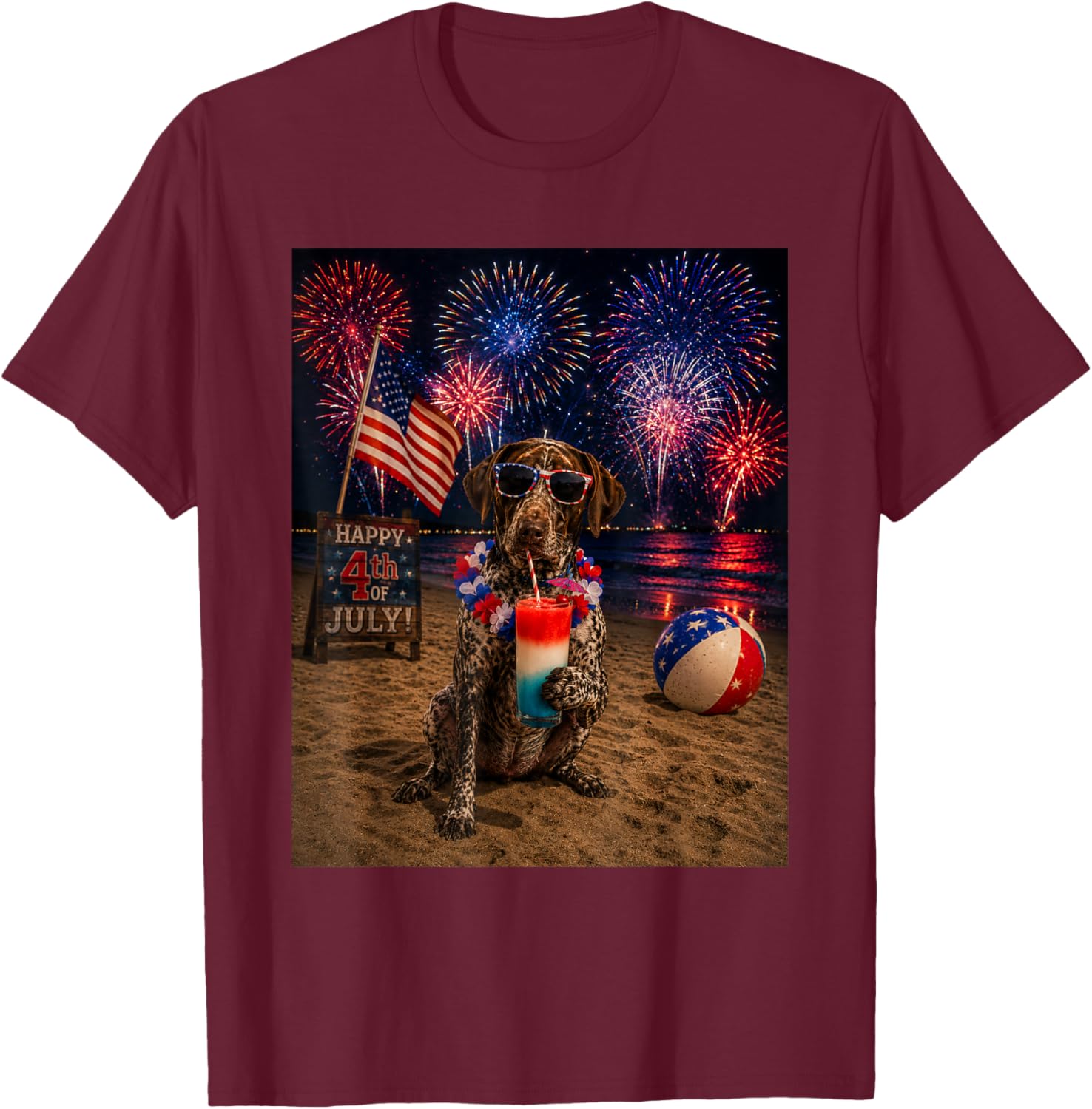 German Shorthaired Pointer Patriotic Beach Fireworks Dog T-Shirt - T-Shirt | Maroon