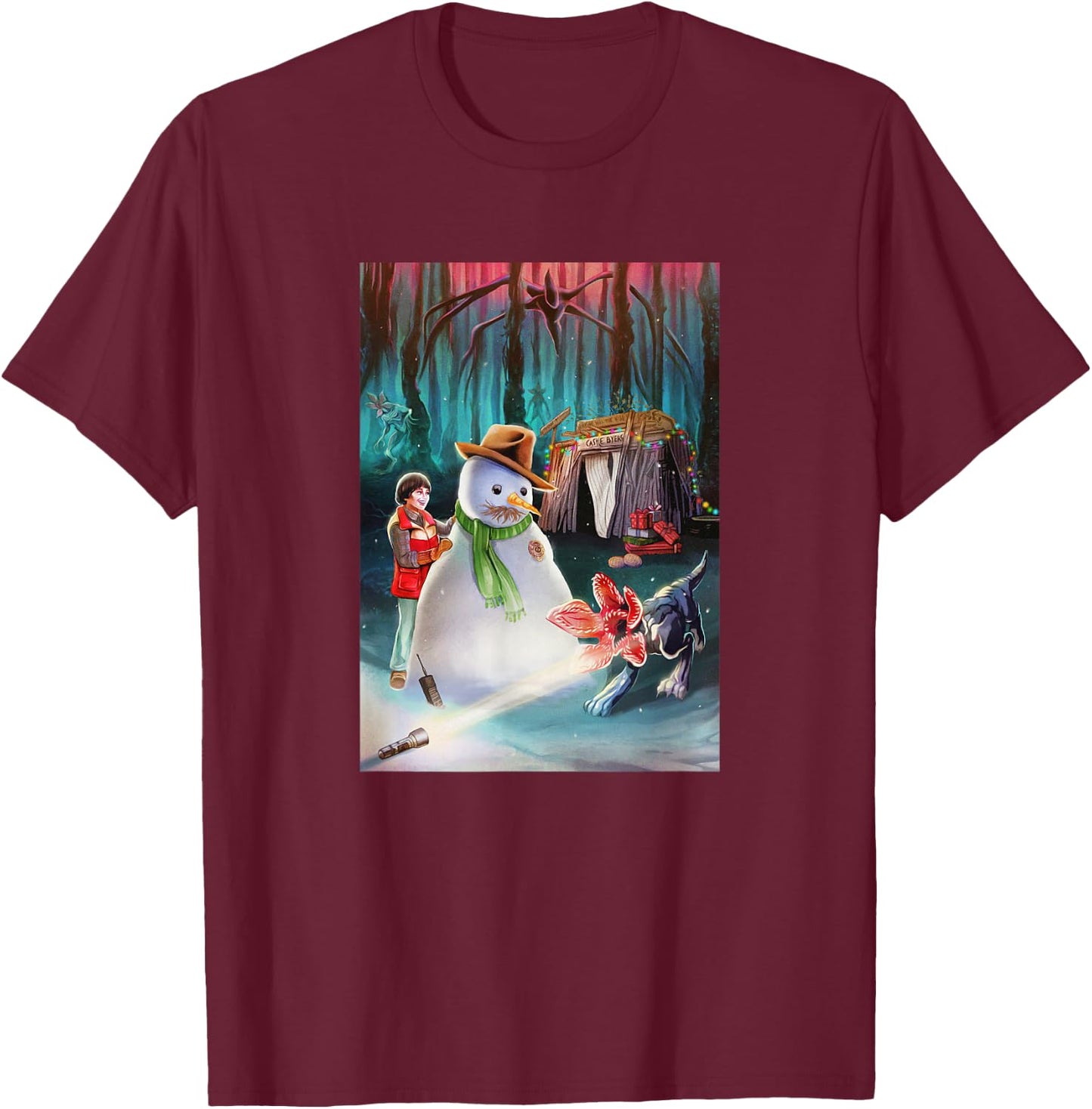 Stranger Things Christmas Upside down Castle Byers Poster T-Shirt - T-Shirt | Maroon