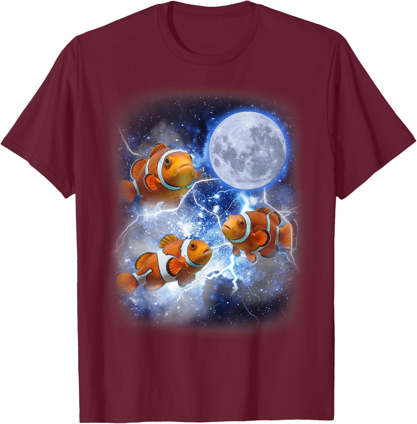 Three Clownfish Moon - Tropical Ocean Marine Clown Fish T-Shirt - T-Shirt | Maroon