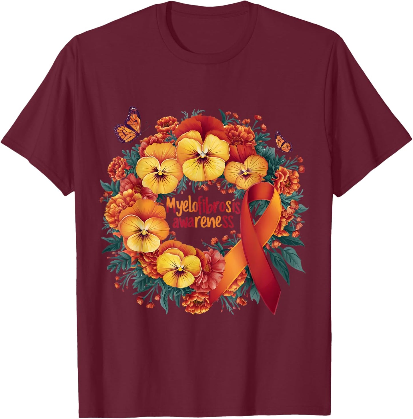 Myelofibrosis Awareness orange and red floral and ribbon T-Shirt - T-Shirt | Maroon