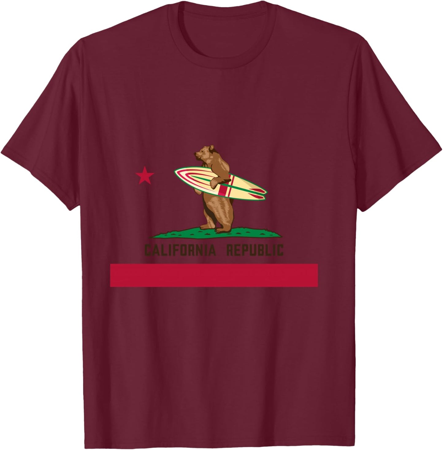 California Shirt, Republic Flag California Surfing Bear T-Shirt - T-Shirt | Maroon