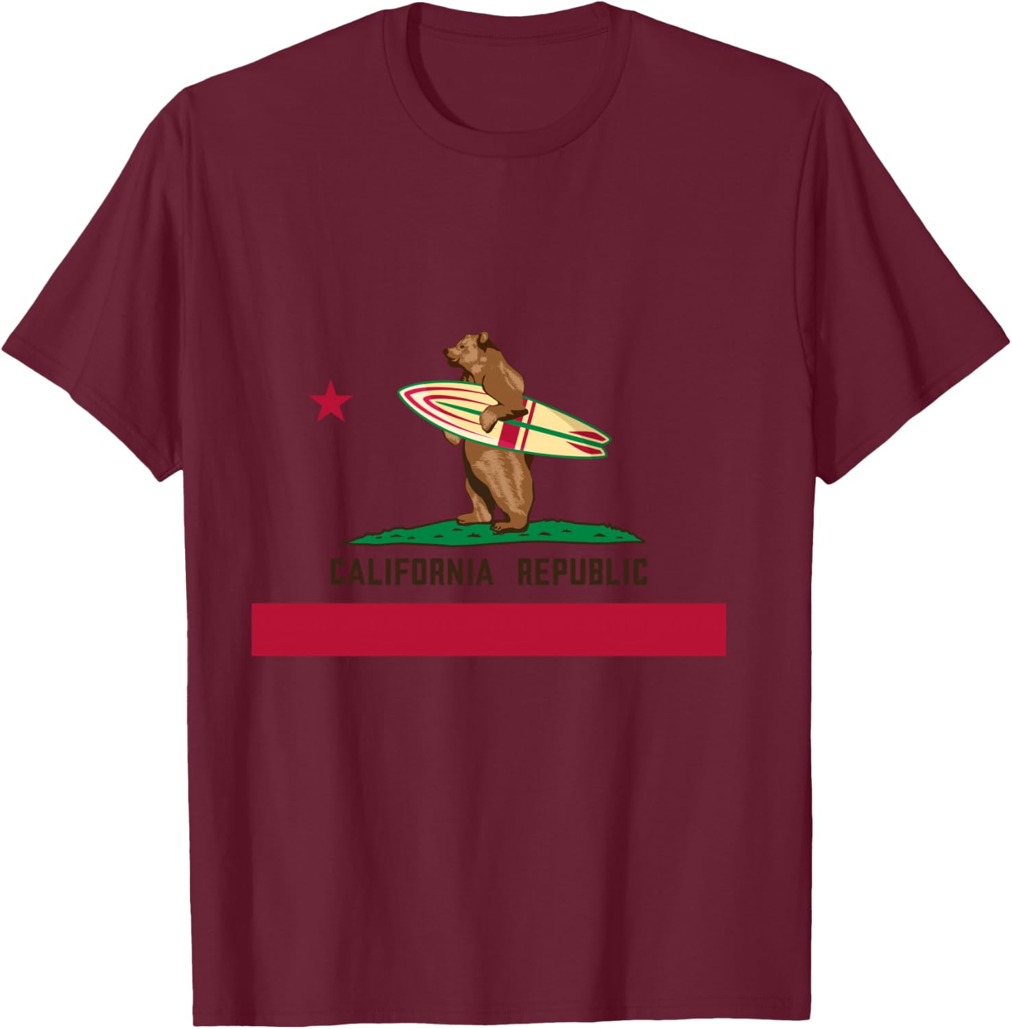 California Shirt, Republic Flag California Surfing Bear T-Shirt - T-Shirt | Maroon