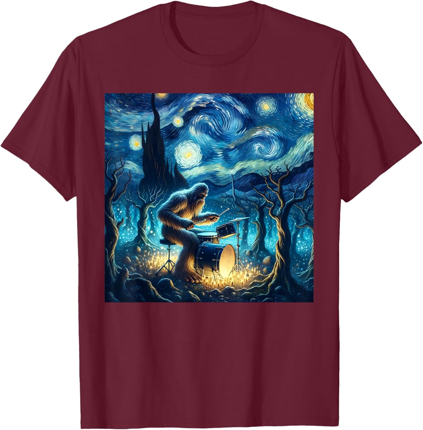 Bigfoot Playing Drums Starry Night Van Gogh Drummer Boys Men T-Shirt - T-Shirt | Maroon