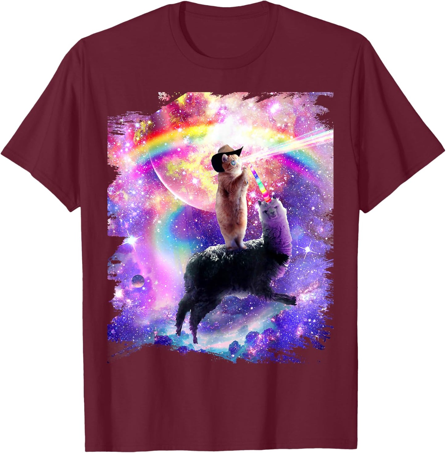 Laser Galaxy Space Cat on Rainbow Llama Unicorn T-Shirt - T-Shirt | Maroon