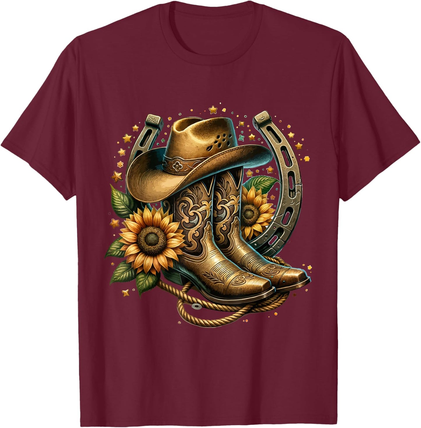 Vintage Rustic Western Country Cowboy Boot Art - Women's Western Themed Floral Boot, Rope & Hat - Black, Small T-Shirt - T-Shirt | Maroon