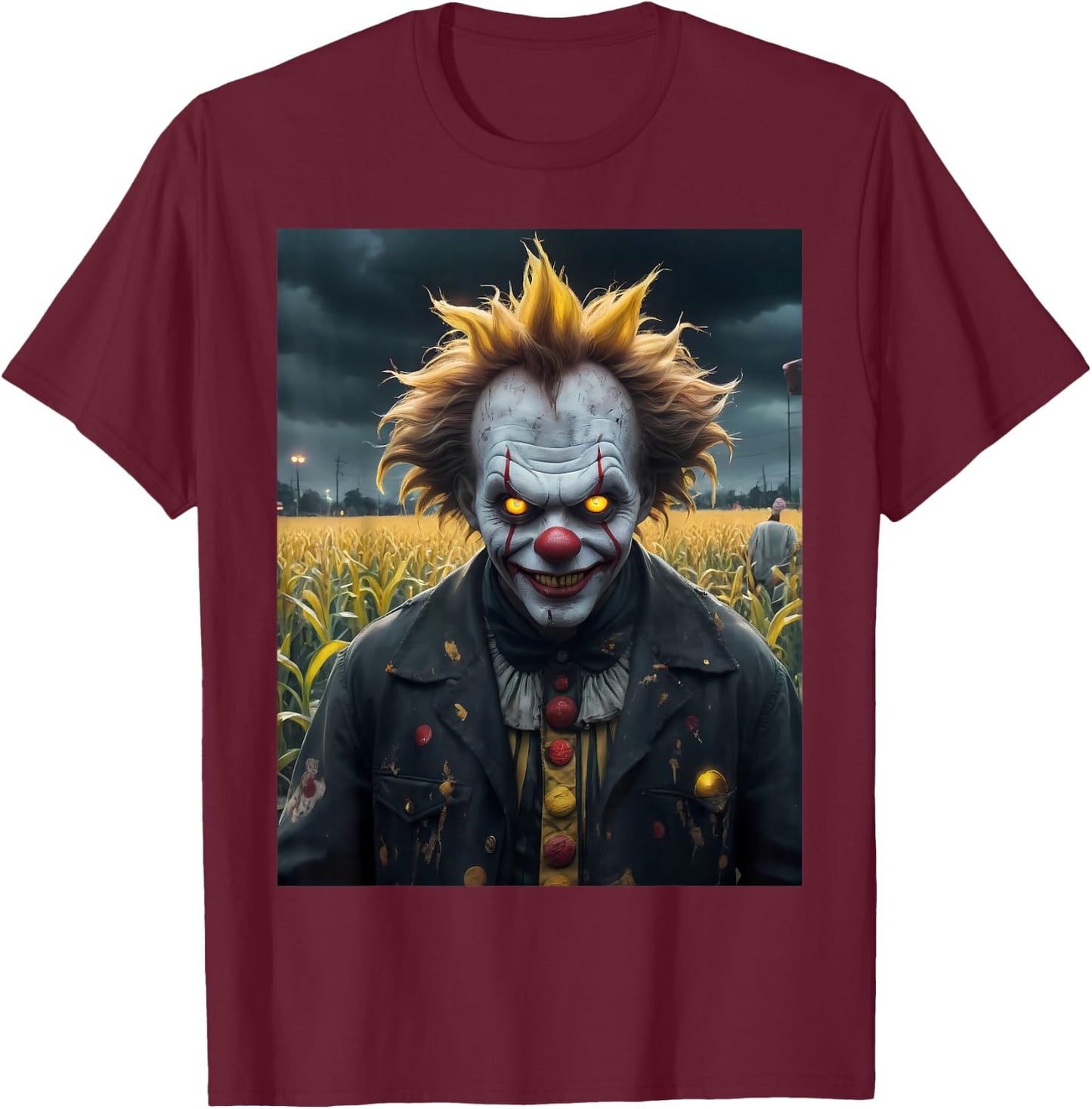 Evil Clown a Corn Field Monster Dark Horror Scary Spooky T-Shirt - T-Shirt | Maroon