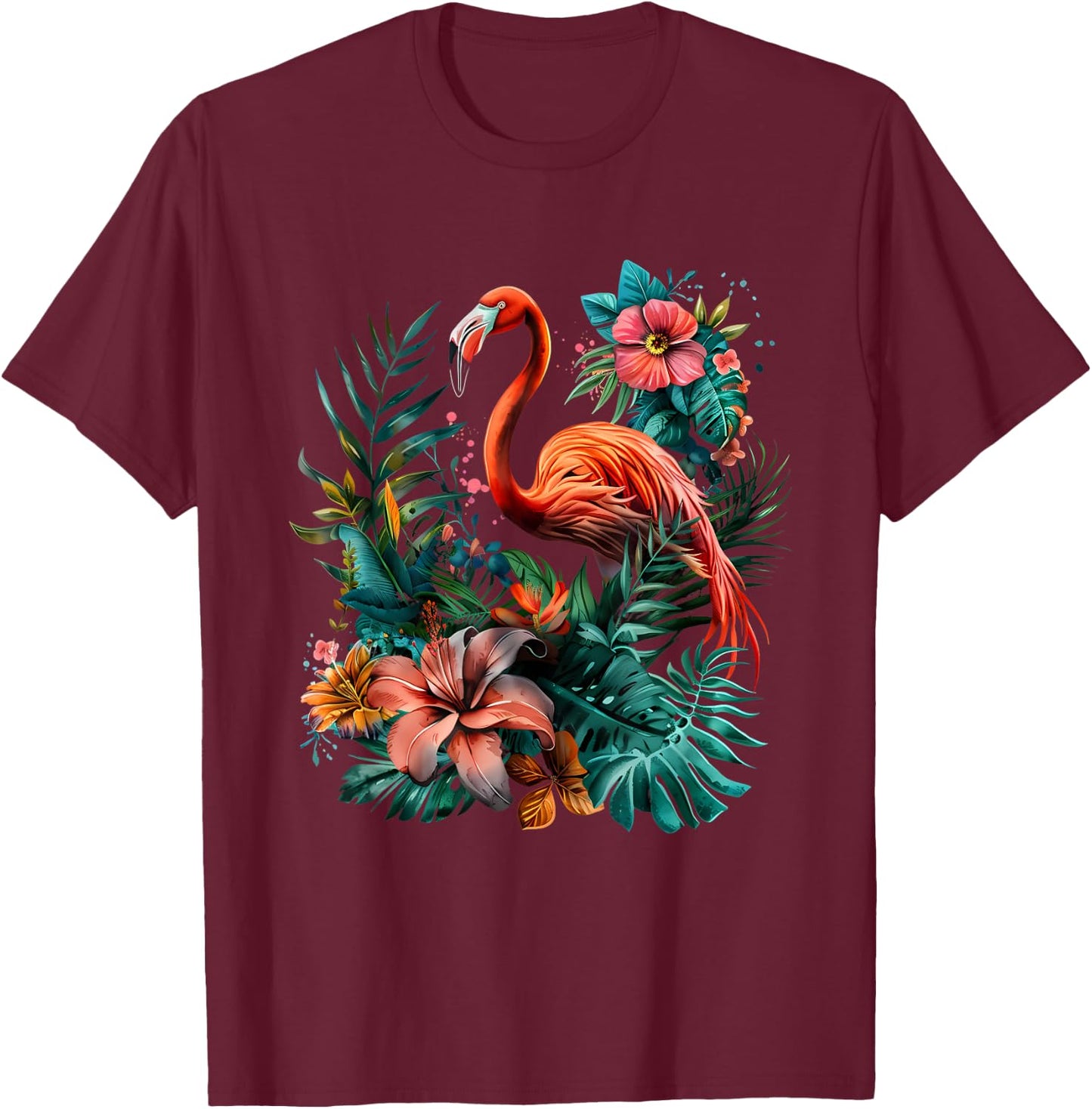 Pink Flamingo Bird Floral Artwork Nature Pink Flamingo Bird T-Shirt - T-Shirt | Maroon