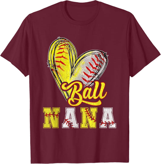 Ball Nana Heart Half Baseball Softball Nana Of Both T-Shirt - T-Shirt | Maroon